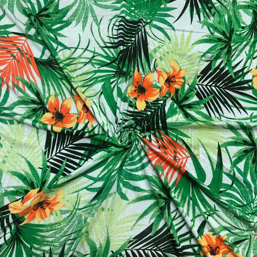 Large Spring Floral and Leaves Elastane Fabric - Pound Fabrics