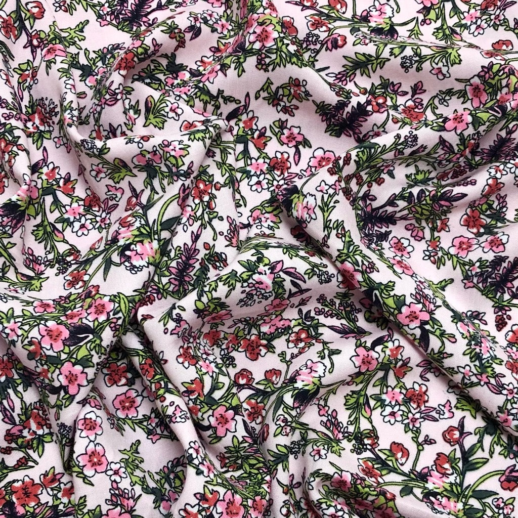 Red and Pink Floral on Light Pink Viscose Challis Fabric - Pound Fabrics