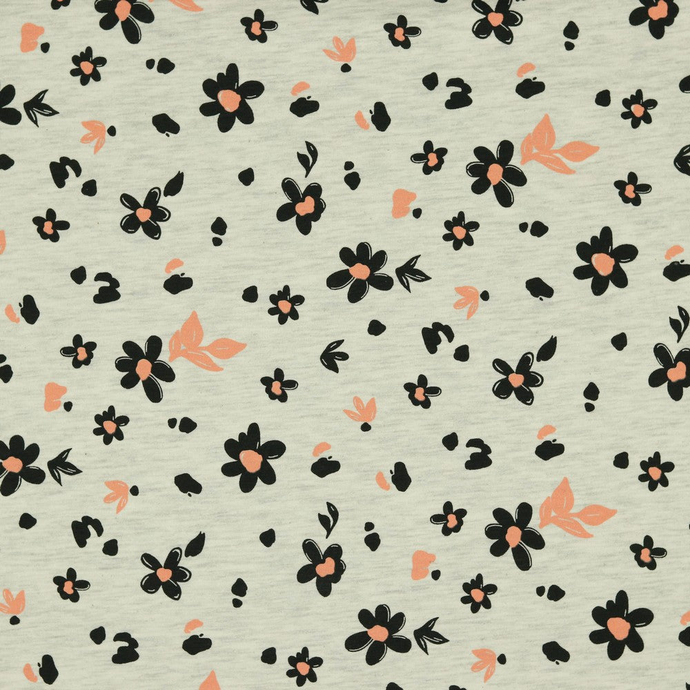 Black Mini Floral Melange Cotton Mix Jersey Fabric