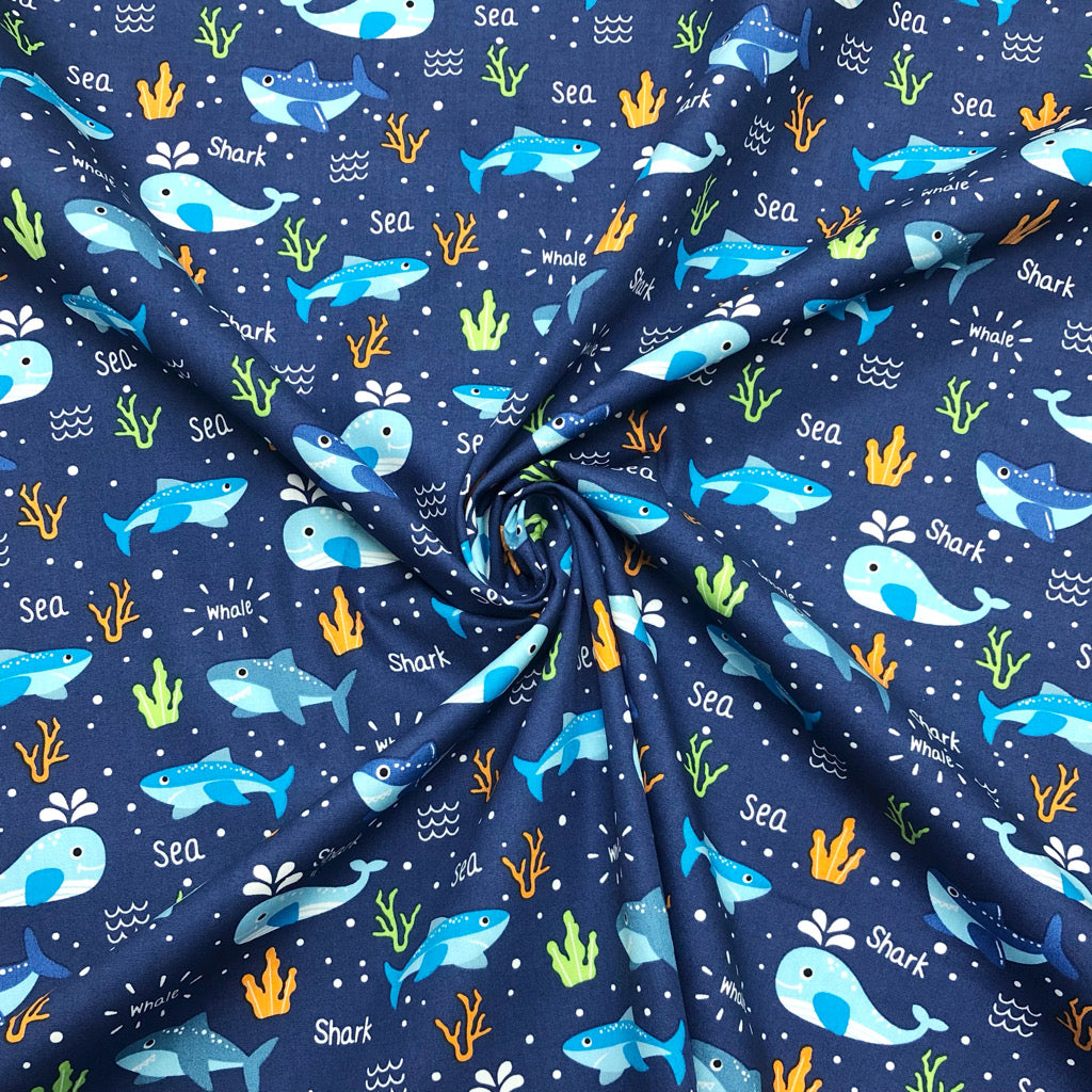 Blue Whales and Sharks Rose &amp; Hubble Cotton Poplin Fabric - Pound Fabrics
