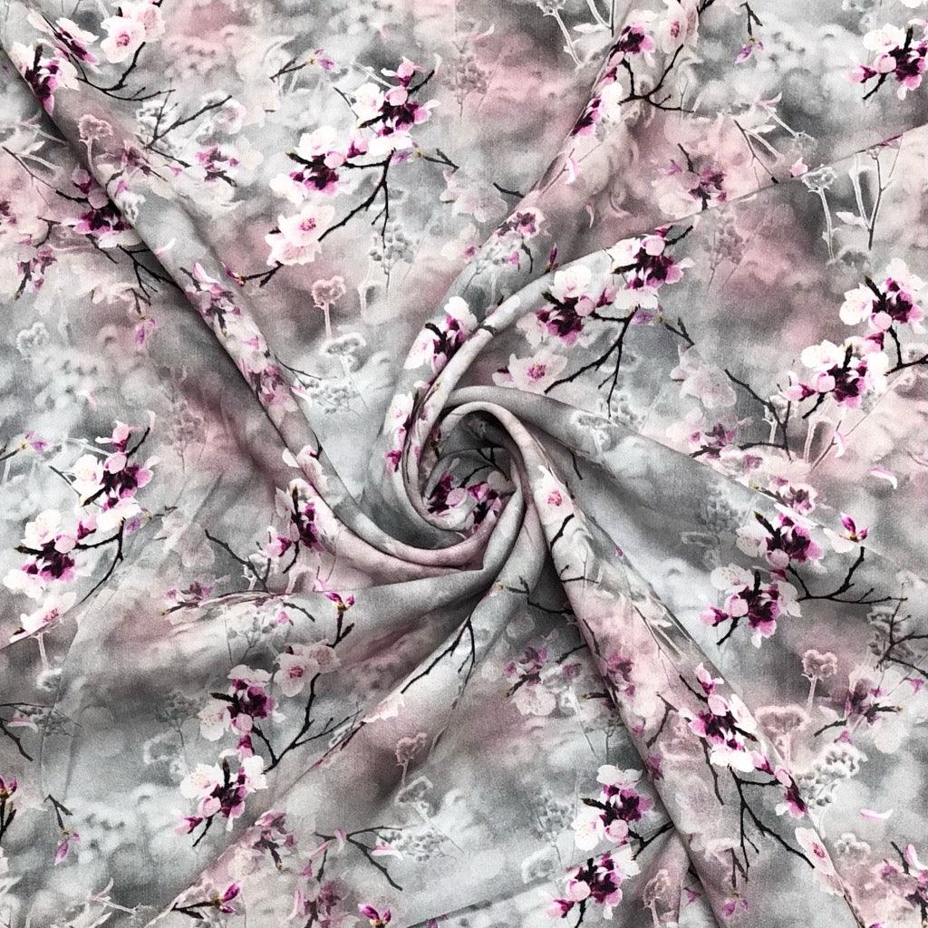 Digital Cherry Blossoms on Grey Viscose Challis Fabric - Pound Fabrics