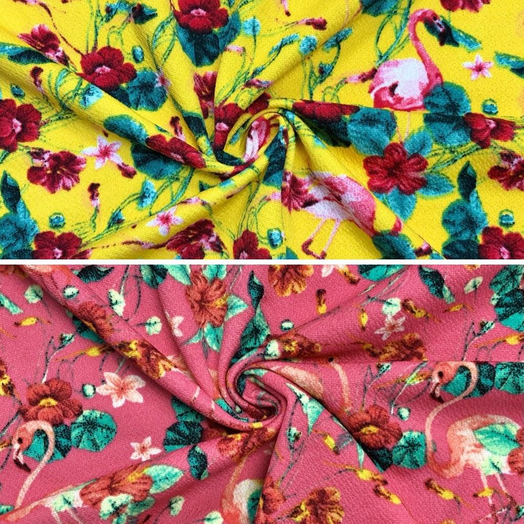 Flamingos and Floral Pique Jersey Fabric - Pound Fabrics