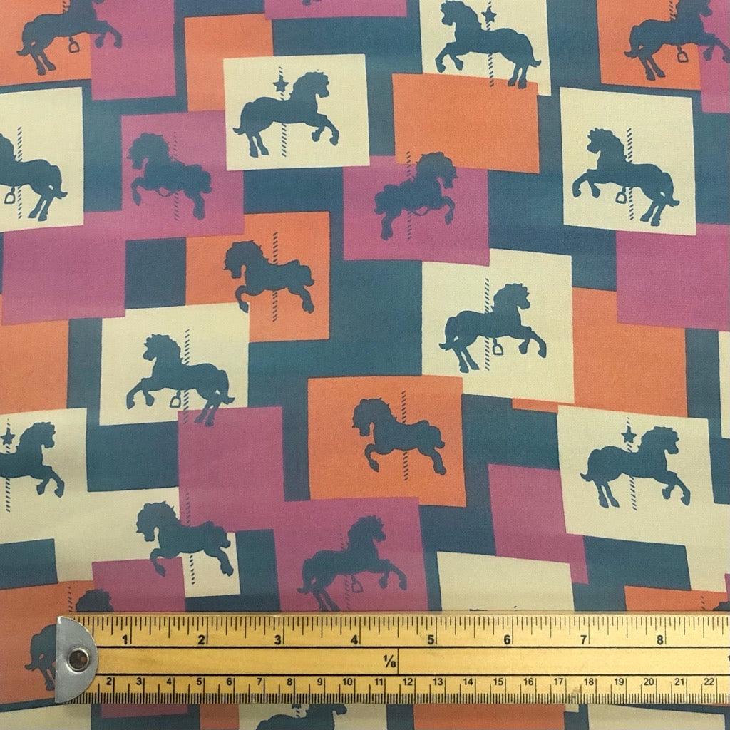 Horses and Squares on Navy Satin Fabric - 3 metres for £5 - Pound Fabrics