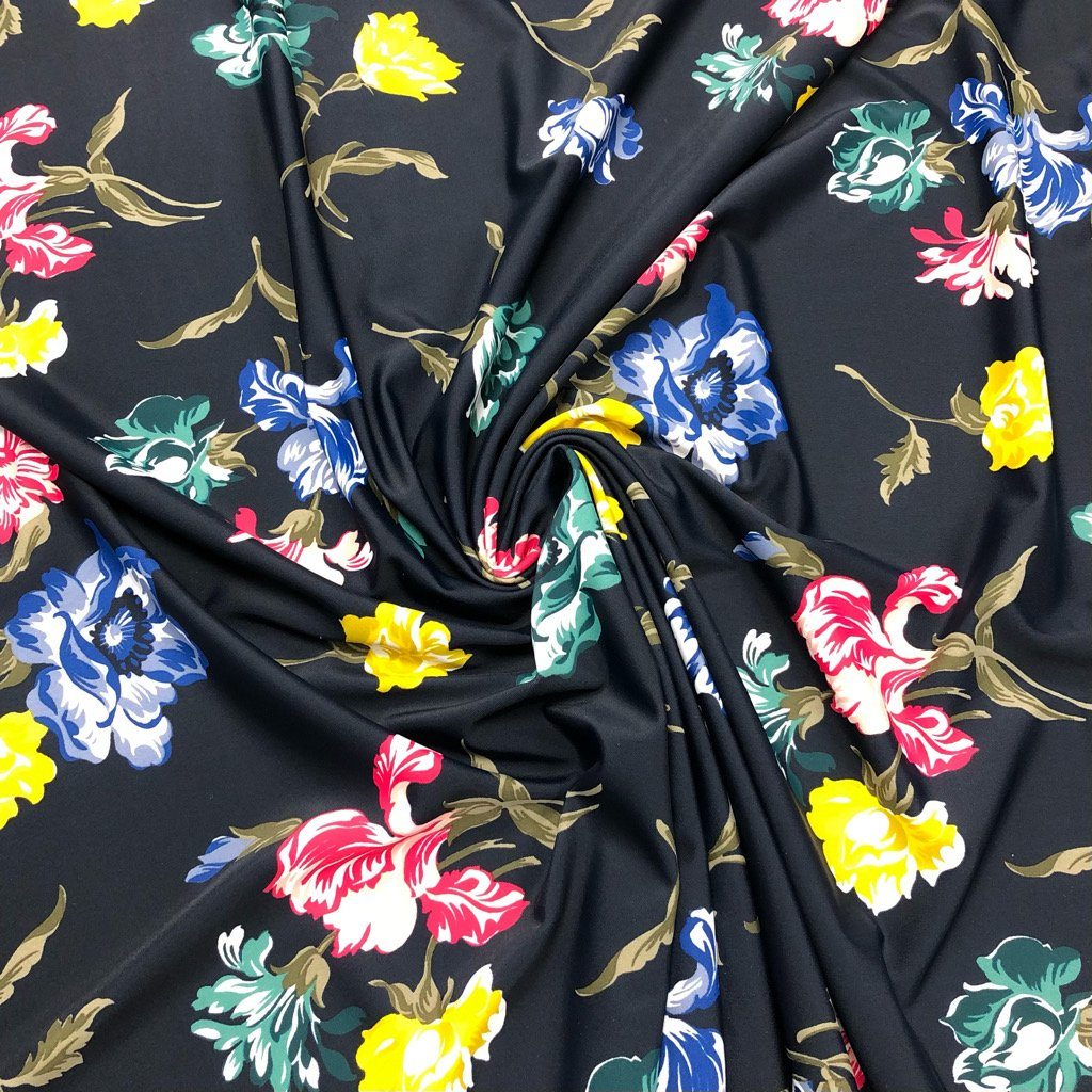 Multicolour Large Flowers on Black Lycra Spandex Fabric 80cm PANEL (6555125678103)