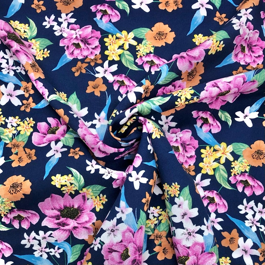 Multicoloured Floral Garden Viscose Challis Fabric - Pound Fabrics