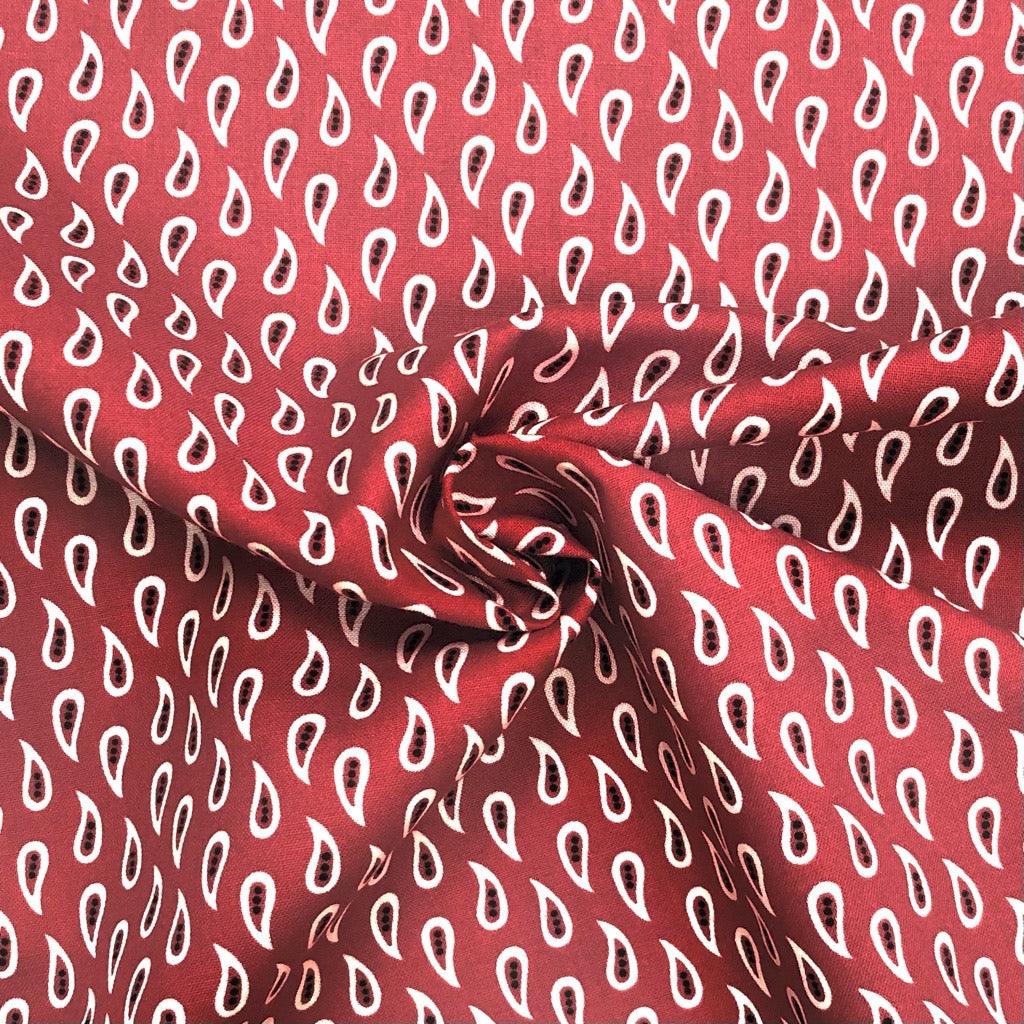 White Paisley on Red Cotton Poplin Fabric - 1 Metre PRECUT - Pound Fabrics