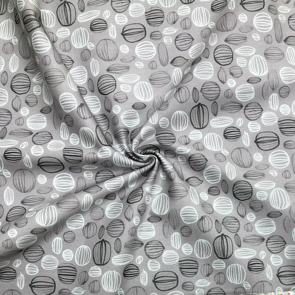 White and Grey Shapes on Grey Cotton Fabric - Pound Fabrics