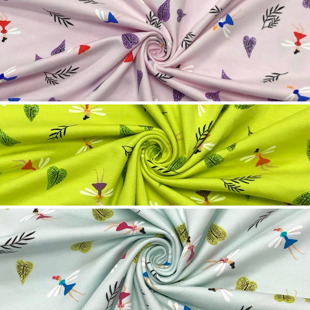 Fairies and Glitter Leaves Cotton Jersey Fabric