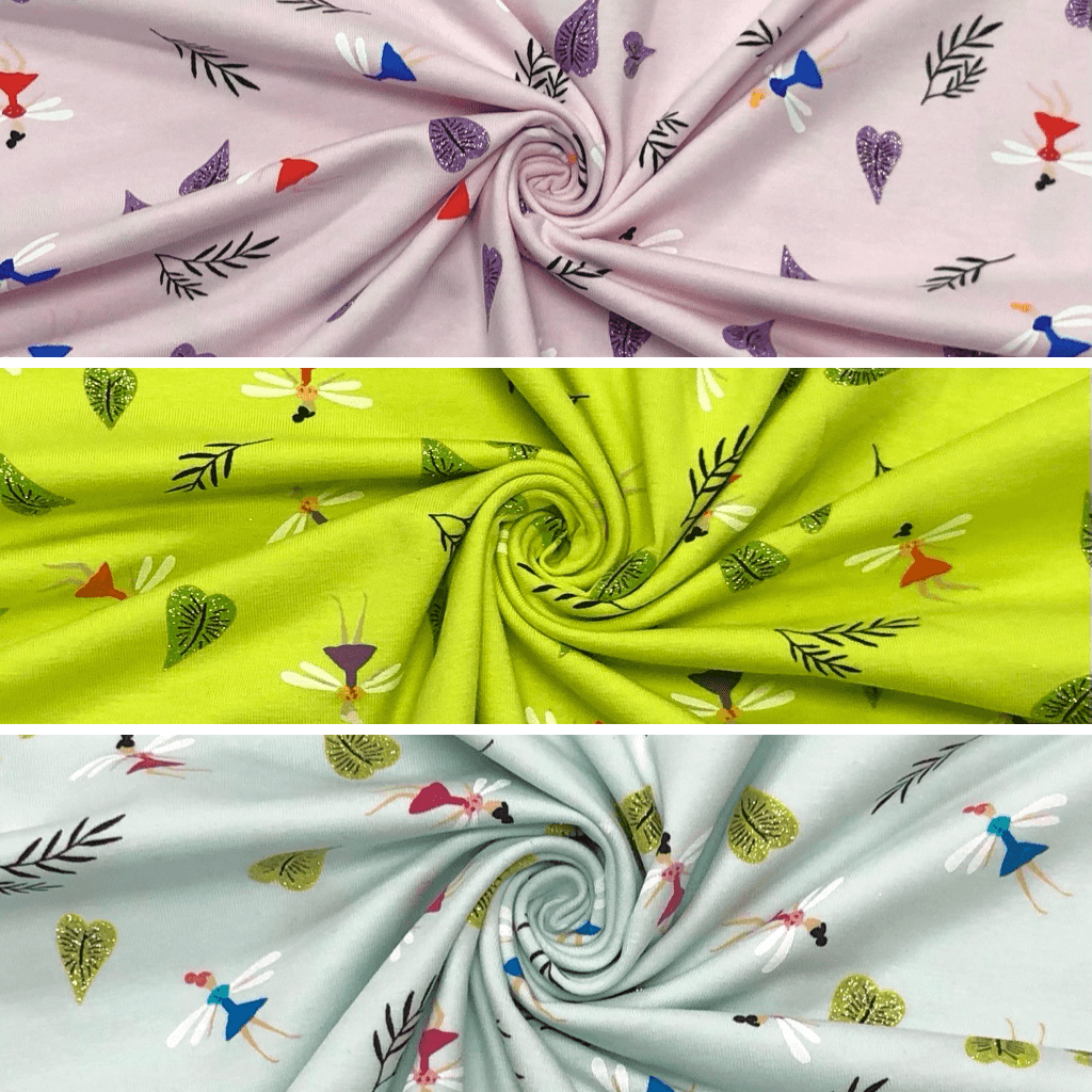 Fairies and Glitter Leaves Cotton Jersey Fabric Pound Fabrics