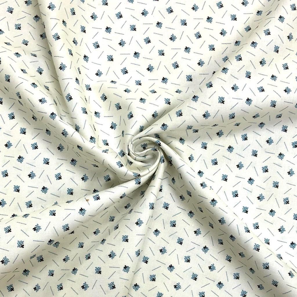 Blue and Black Mini Shapes on Cream Cotton Fabric - Pound Fabrics