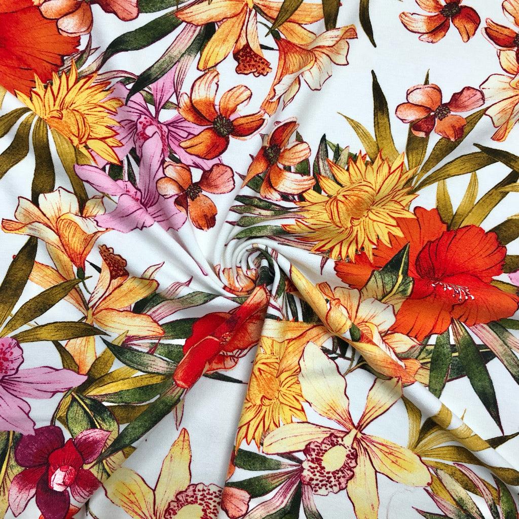 Summer Floral on Off White Viscose Jersey Fabric - Pound Fabrics