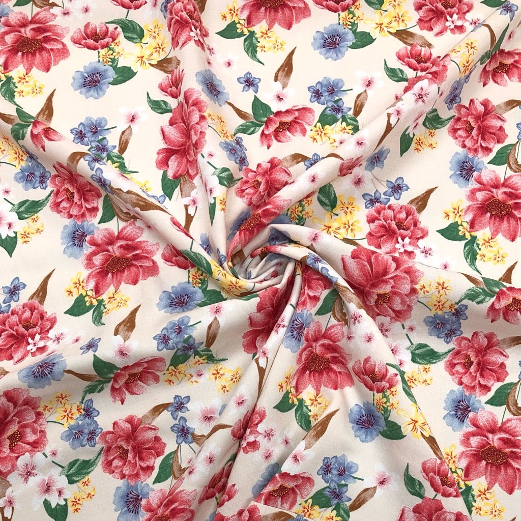 Multicoloured Floral Garden Viscose Challis Fabric - Pound Fabrics