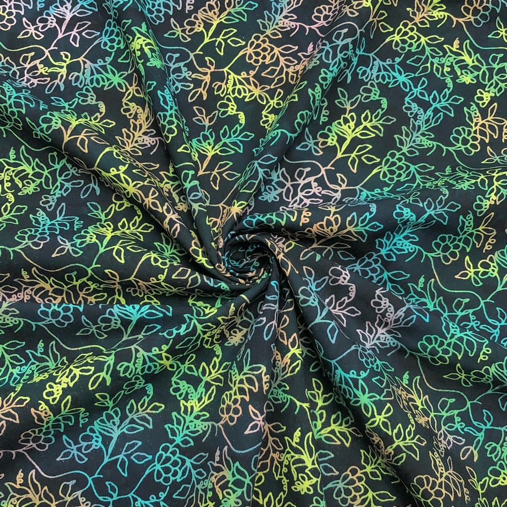 Rainbow Floral on Navy Cotton Batik Fabric - John Louden