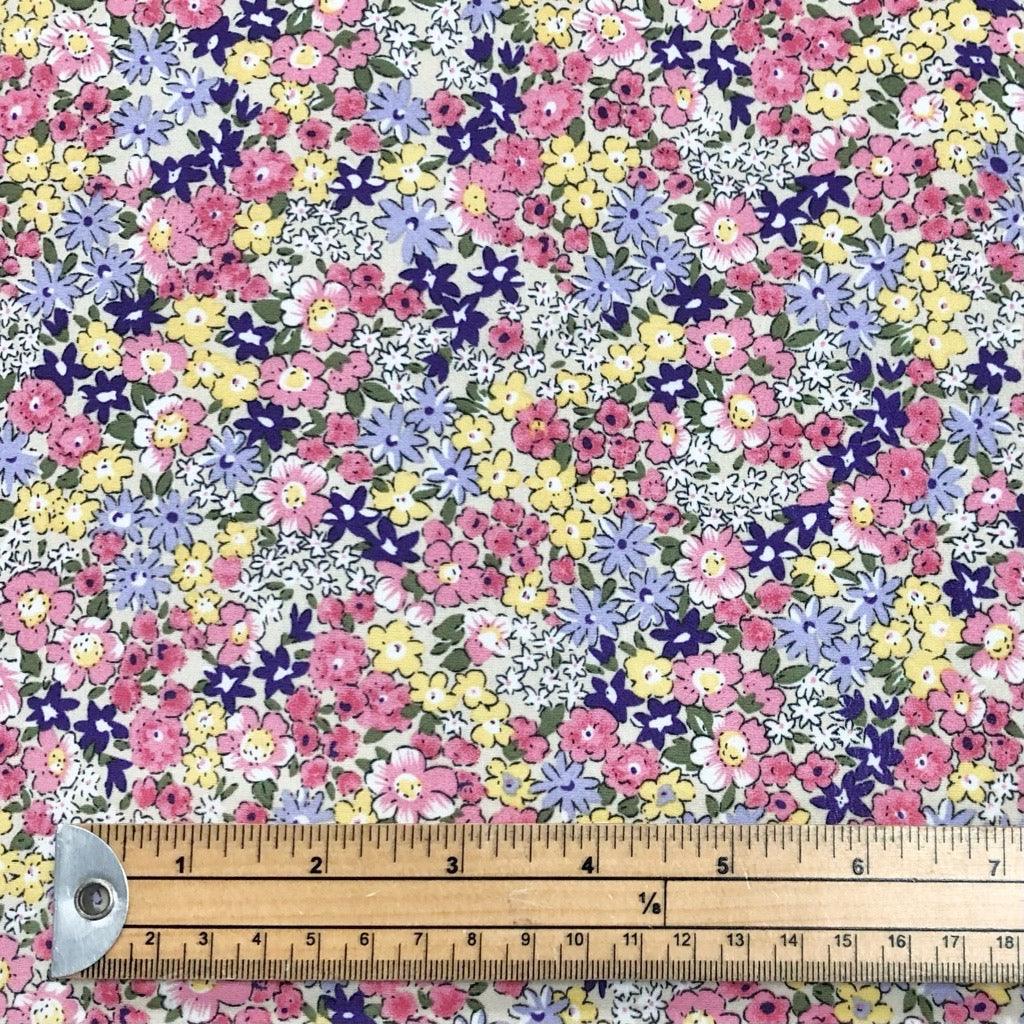 All Over Pink/Yellow/Blue Floral Polyester Crepe Fabric - Pound Fabrics