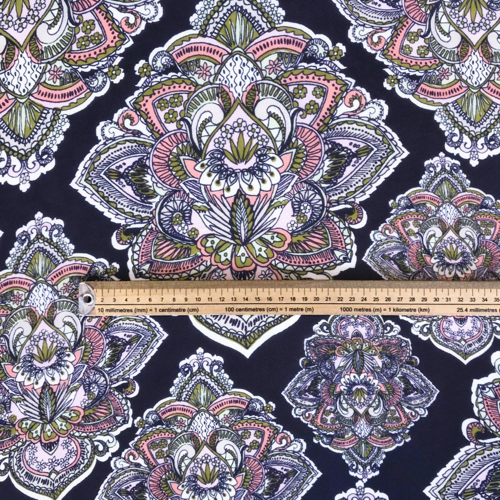 Navy/Pink Indian Design Chiffon Fabric (4498295783447)