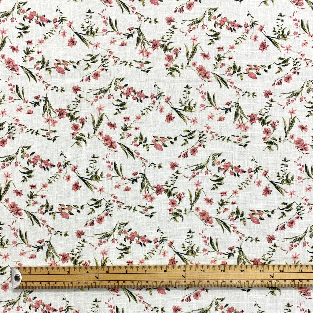 Mini Pink Flowers on Ivory Linen Mix Fabric - Pound Fabrics