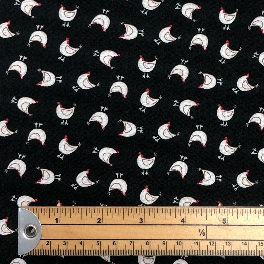 Hens on Black Viscose Challis Fabric - Pound Fabrics