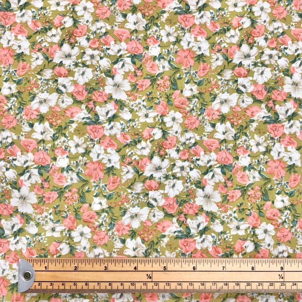 Vintage Pink and Cream on Khaki Floral Polyester Crepe Fabric - Pound Fabrics
