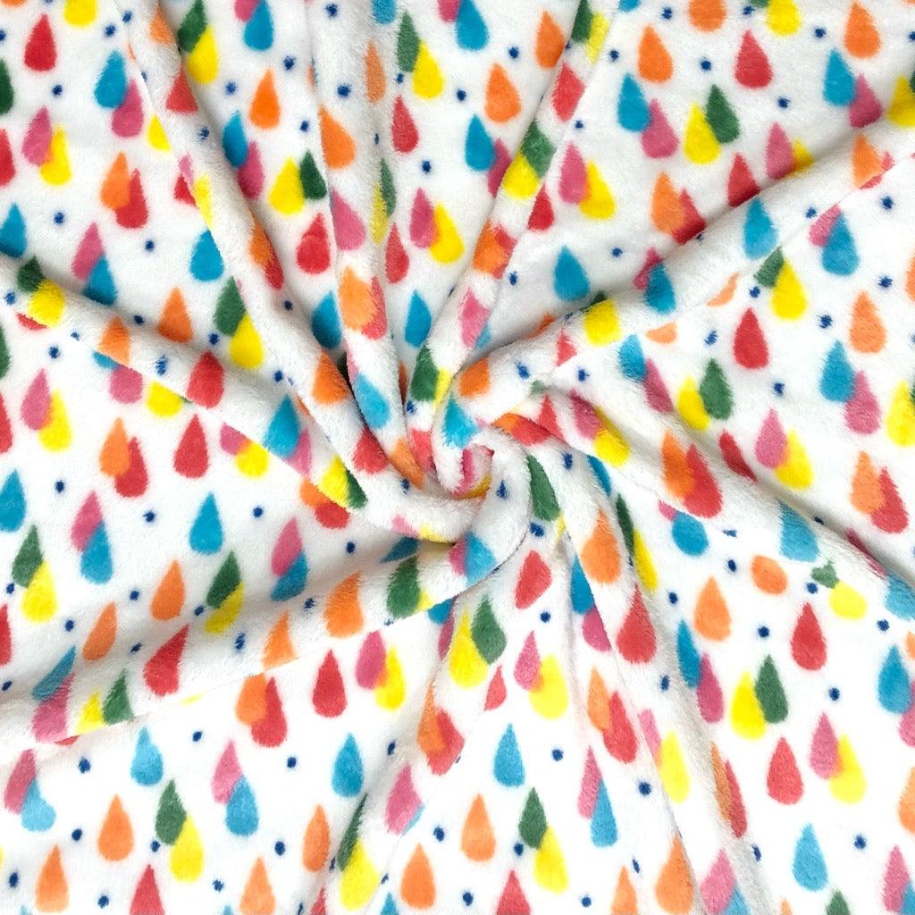 Colourful Raindrops on White Cuddle Fleece Fabric - Pound Fabrics