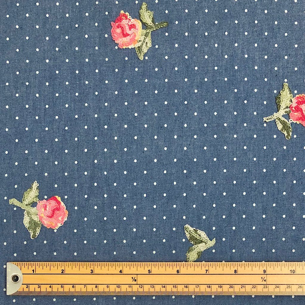 Embroidered Rose Chambray Denim Fabric (6565557338135)
