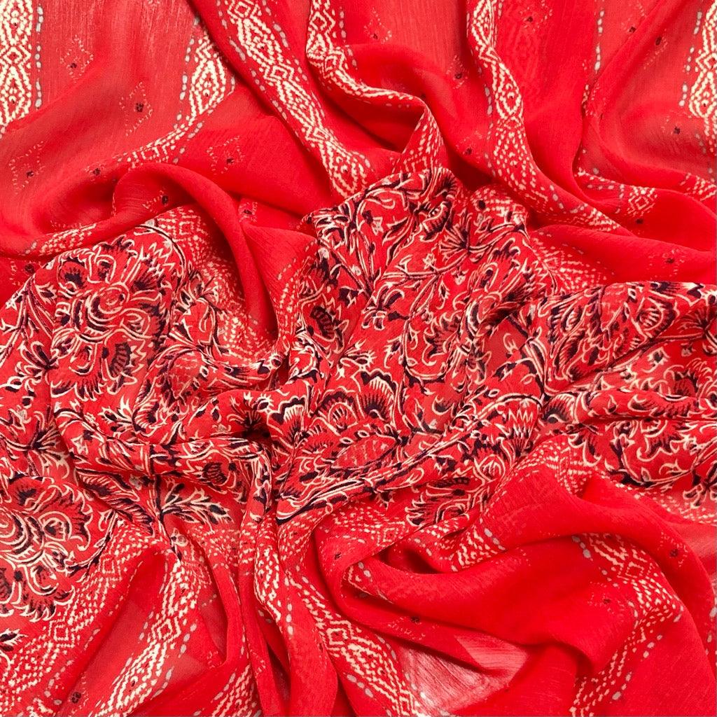 Large and Small Stripes on Red Chiffon Fabric - 3m Pre-cut - Pound Fabrics