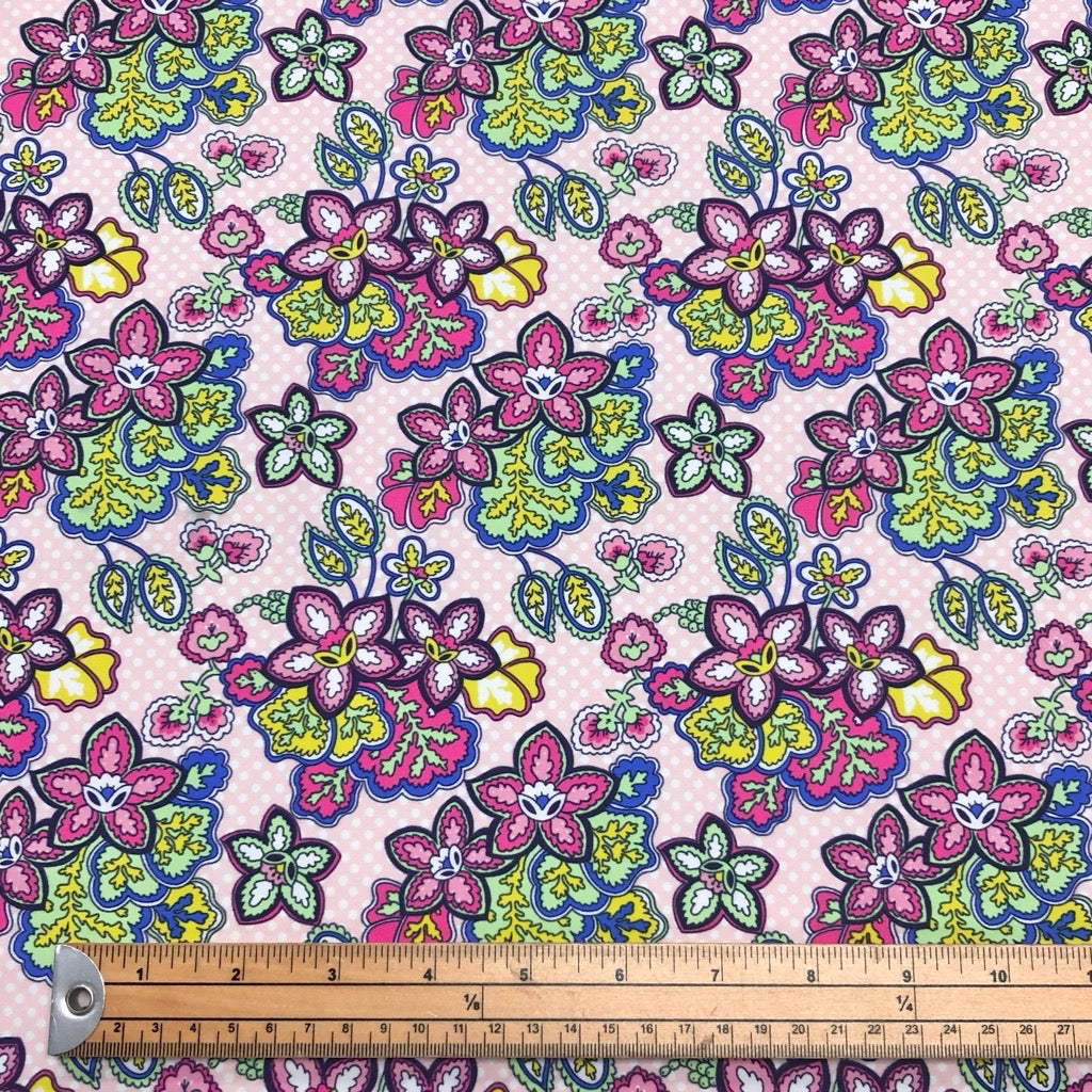 Floral and Dots on Pink Lycra Spandex Fabric