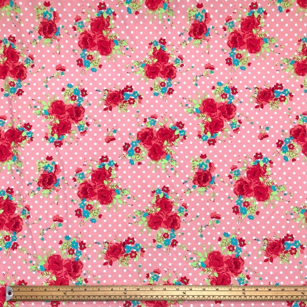 Pink Flower Bunches Polka Dot Lycra Spandex Fabric (6555124432919)