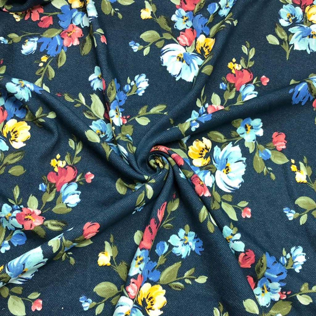 Large Floral Bunch on Denim-Look Sweatshirt Fabric