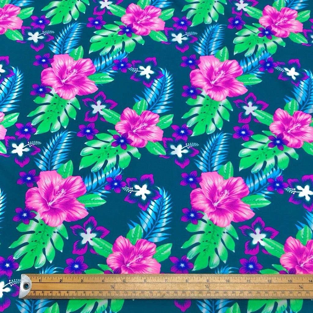 Pink/Purple Floral on Teal Lycra Spandex Fabric - Pound Fabrics