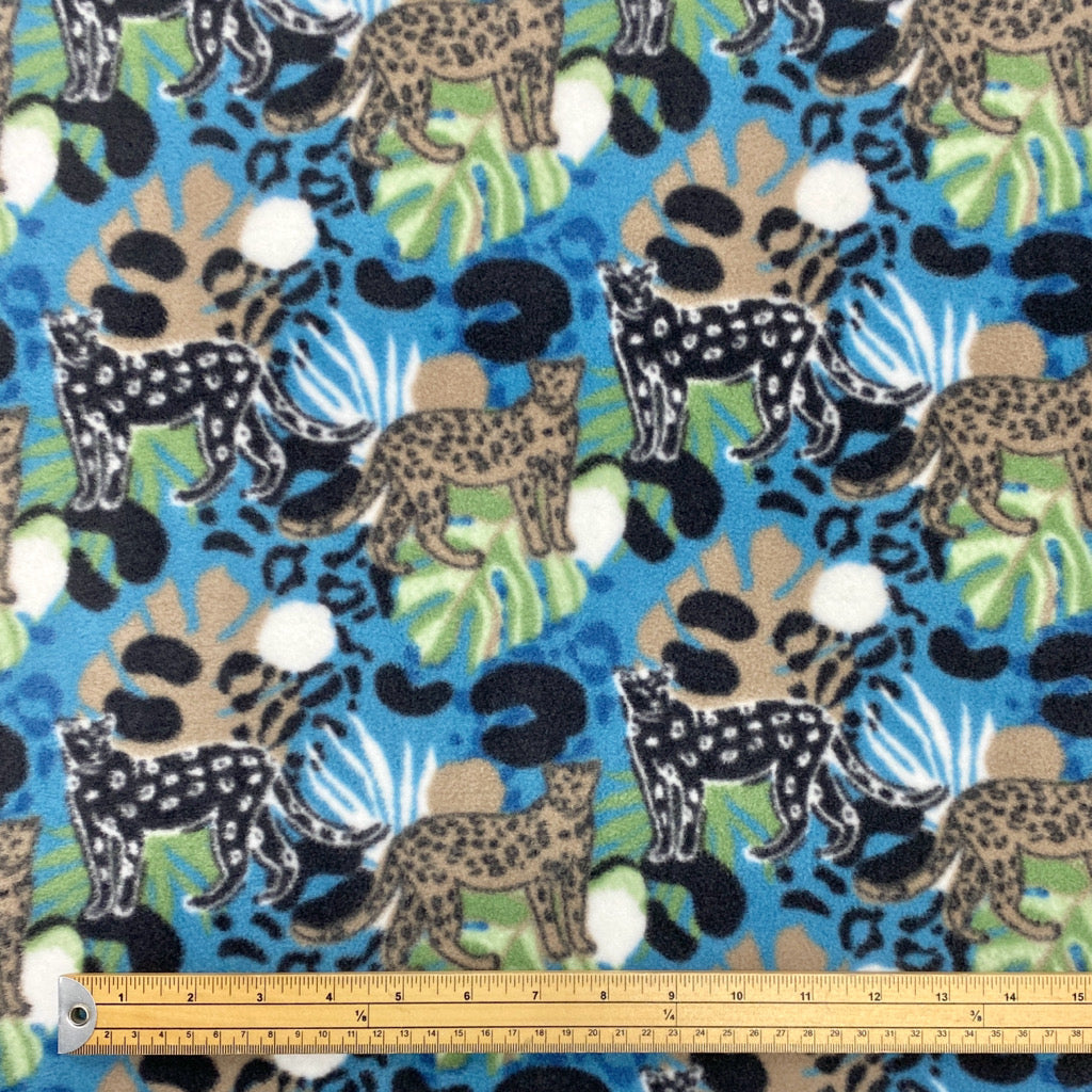 Jungle Leopard on Blue Anti Pill Polar Fleece Fabric