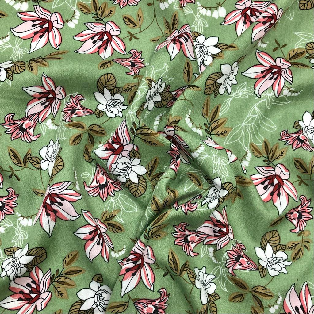 Lilies and Delicate Leaves Viscose Challis Fabric - Pound Fabrics
