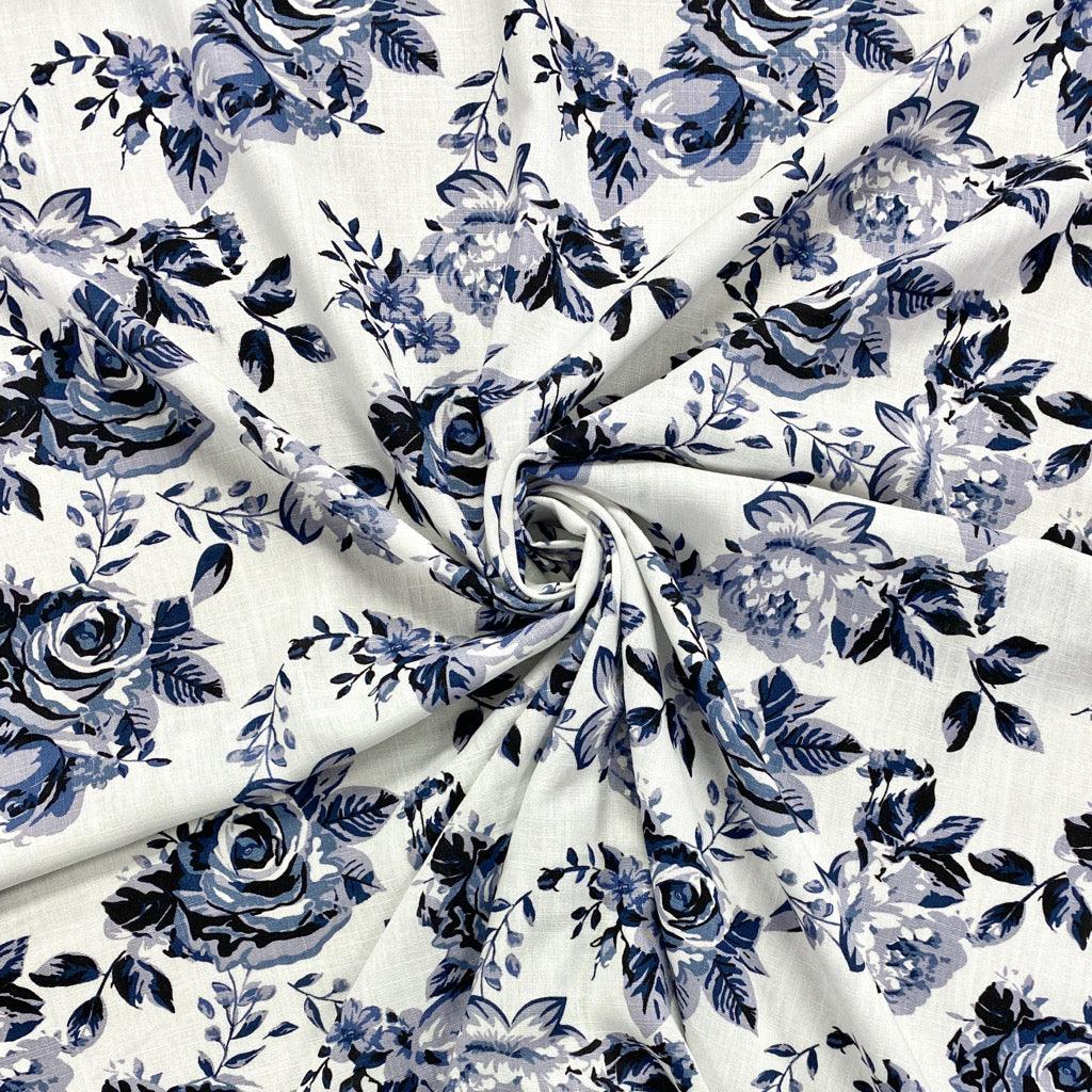 Monochrome Floral Linen Mix Fabric - Pound Fabrics