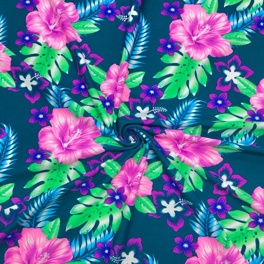 Pink/Purple Floral on Teal Lycra Spandex Fabric - Pound Fabrics