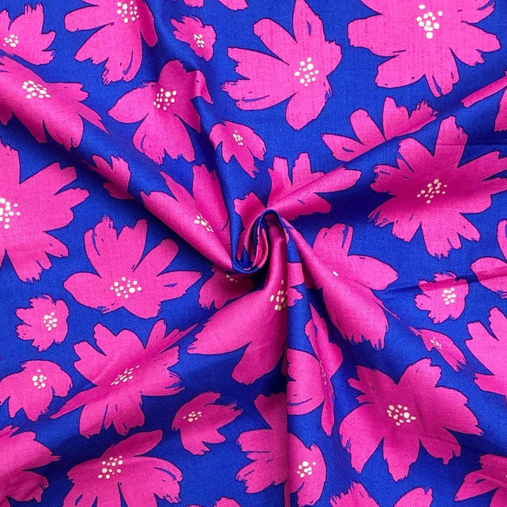 Large Pink Floral on Blue Cotton Poplin Fabric - 58" wide - Pound Fabrics