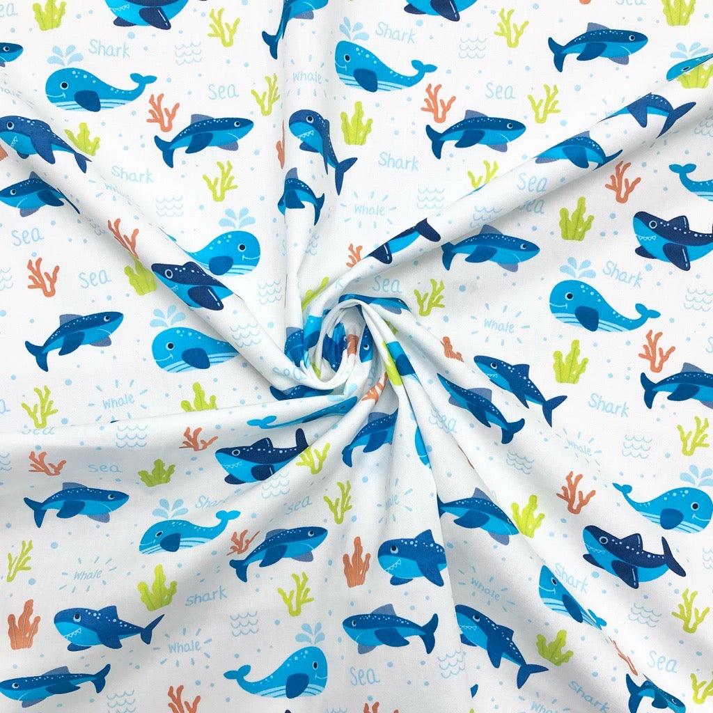 Blue Whales and Sharks Rose &amp; Hubble Cotton Poplin Fabric - Pound Fabrics