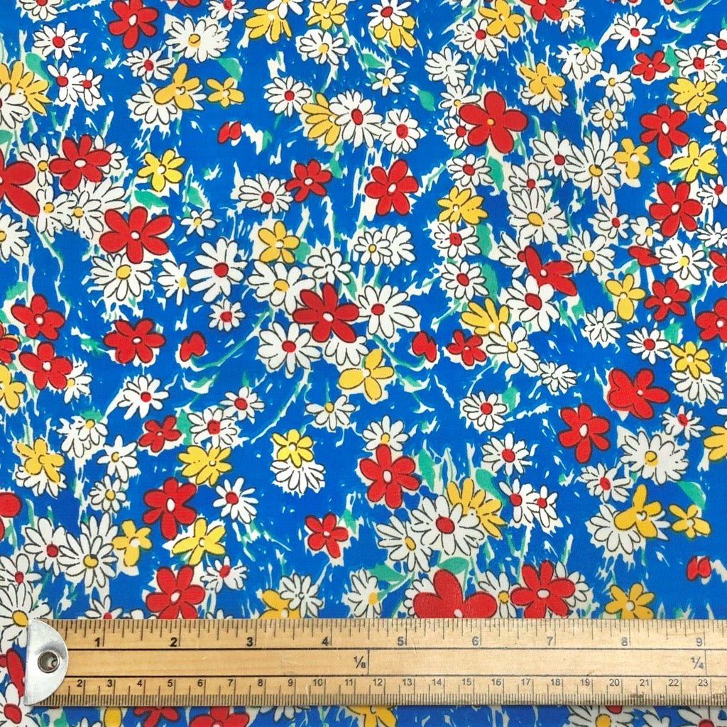 Red/White/Yellow Daisies on Blue Polyester Crepe Fabric - Pound Fabrics
