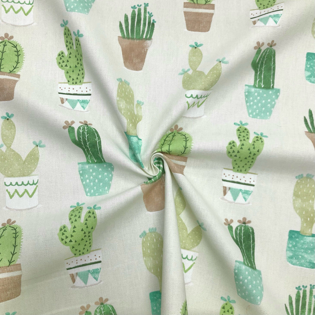 Cactus on Light Cream Panama Fabric