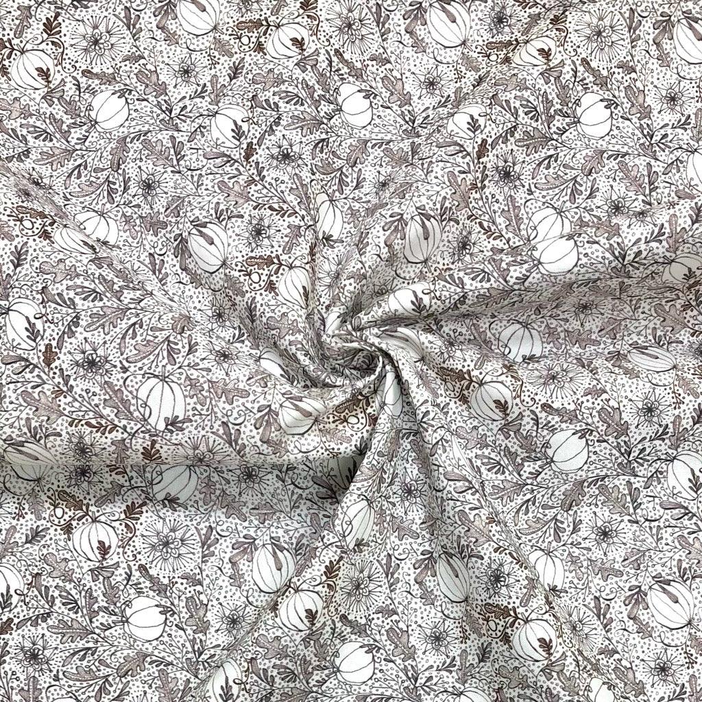 Grey/Brown Abstract Prints on White Cotton Fabric - Pound Fabrics