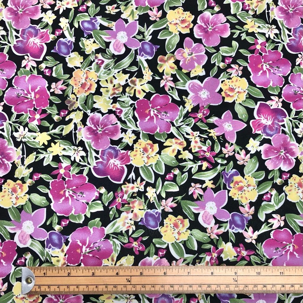 All Over Purple & Yellow Floral on Black Polyester Crepe Fabric - Pound Fabrics