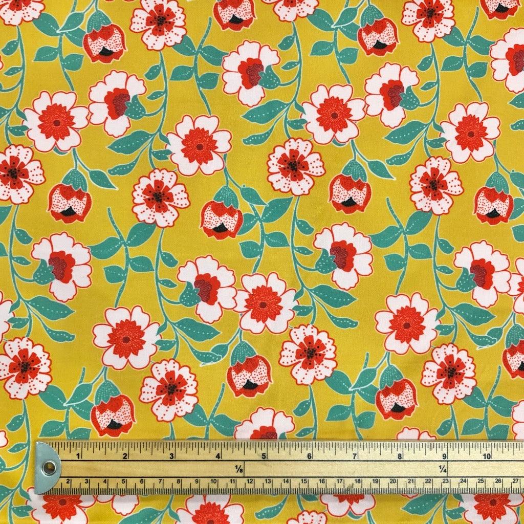 Poppies on Mustard Scuba Fabric - Pound Fabrics