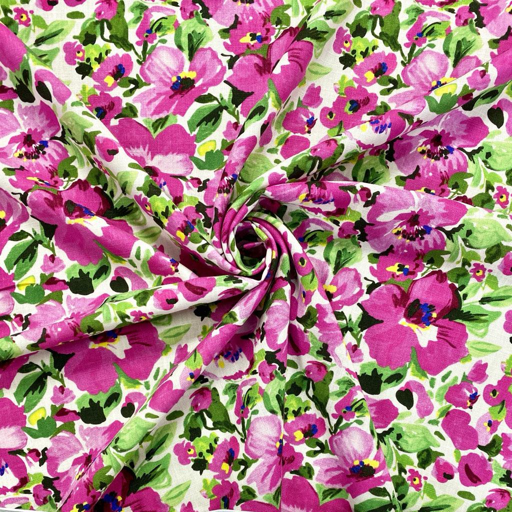 Large Pink Floral Linen Mix Fabric - Pound Fabrics