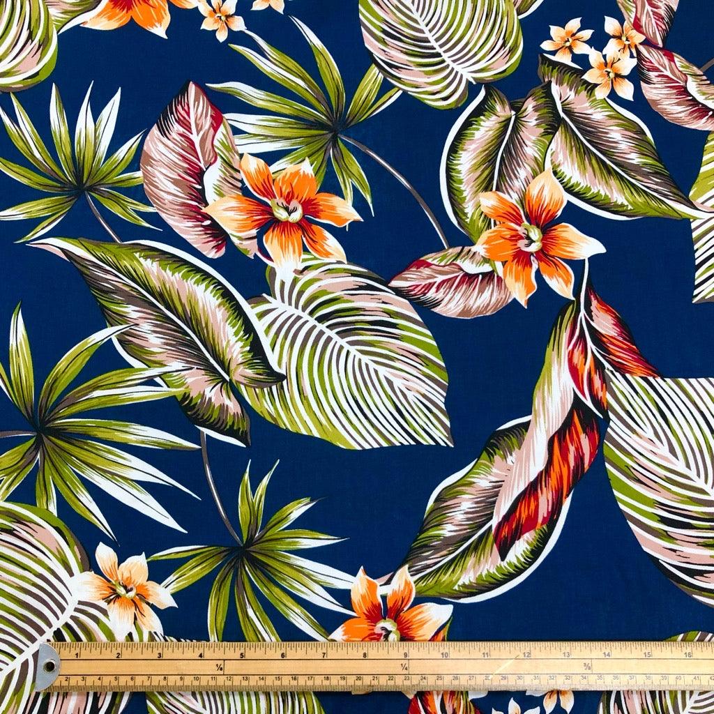 Large Tropical Flowers and Leaves Viscose Challis Fabric - Pound Fabrics