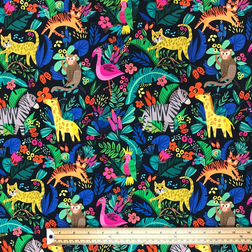 Animal Jungle on Black French Terry Fabric - Pound Fabrics