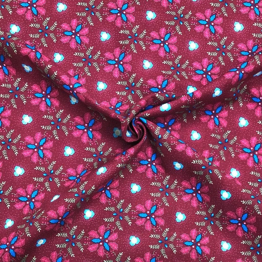 Blue/Red Floral and Leaf on Burgundy Cotton Fabric - Pound Fabrics