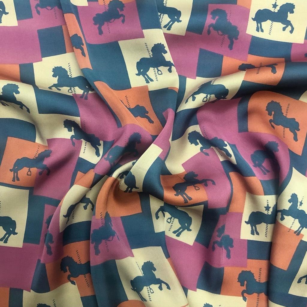 Horses and Squares on Navy Satin Fabric - 3 metres for £5 - Pound Fabrics