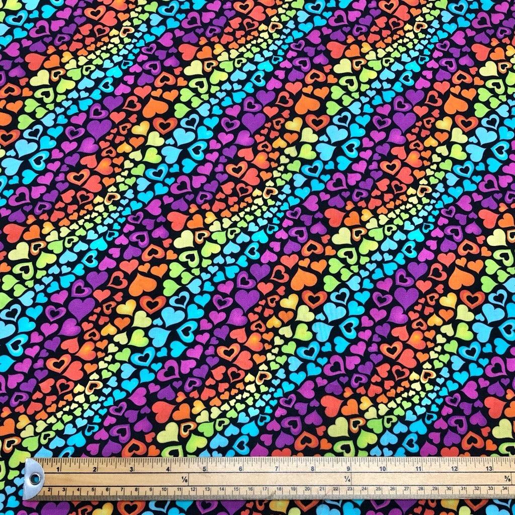 Rainbow Hearts on Black Cotton Fabric - Pound Fabrics