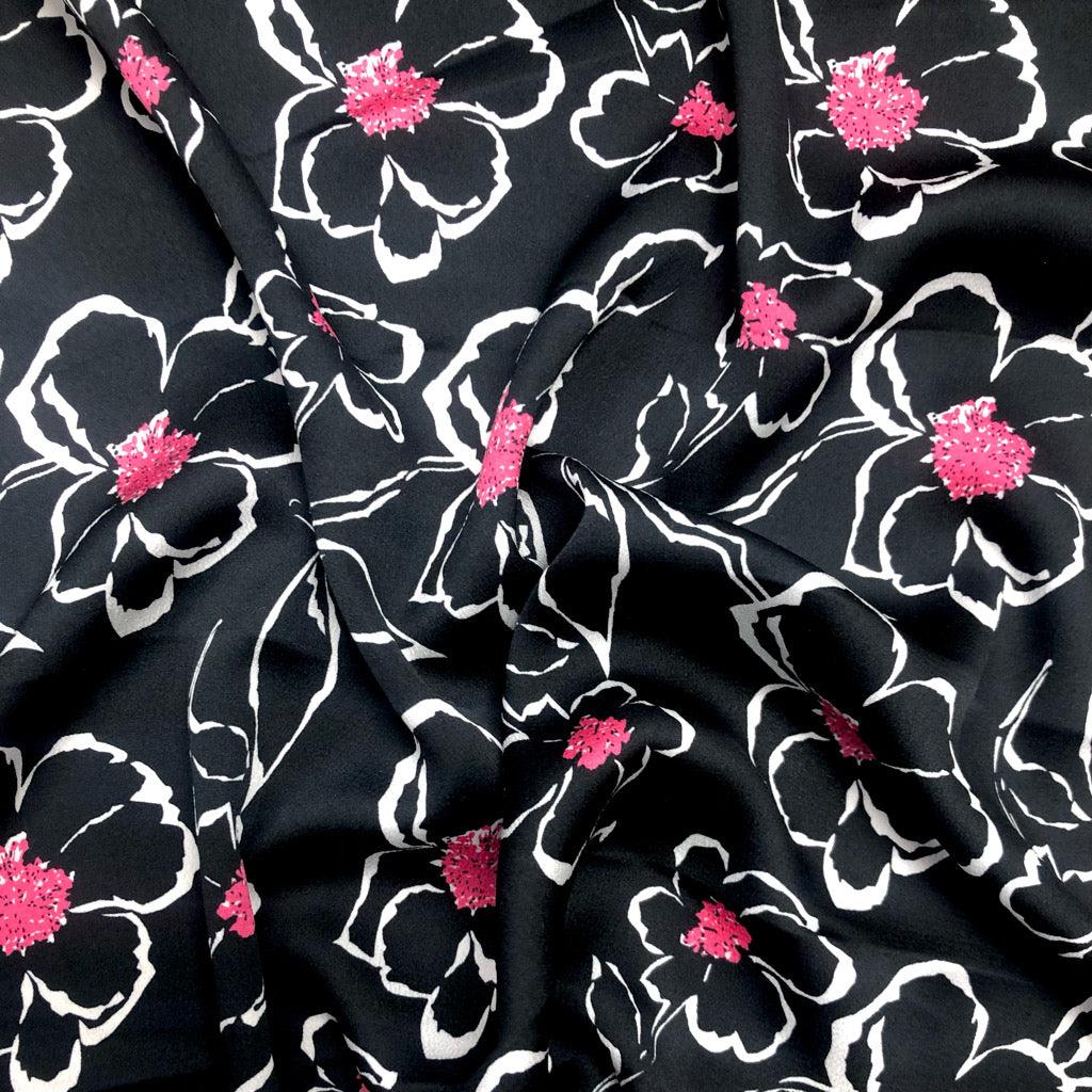 Large White & Pink Floral on Black Polyester Fabric - Pound Fabrics