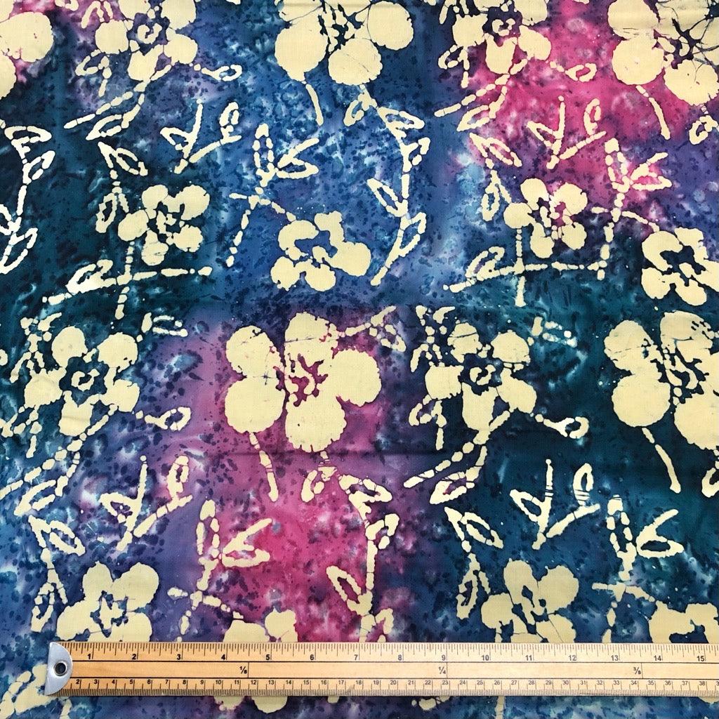 Beige Floral on Navy/Pink Cotton Batik Fabric - John Louden - Pound Fabrics