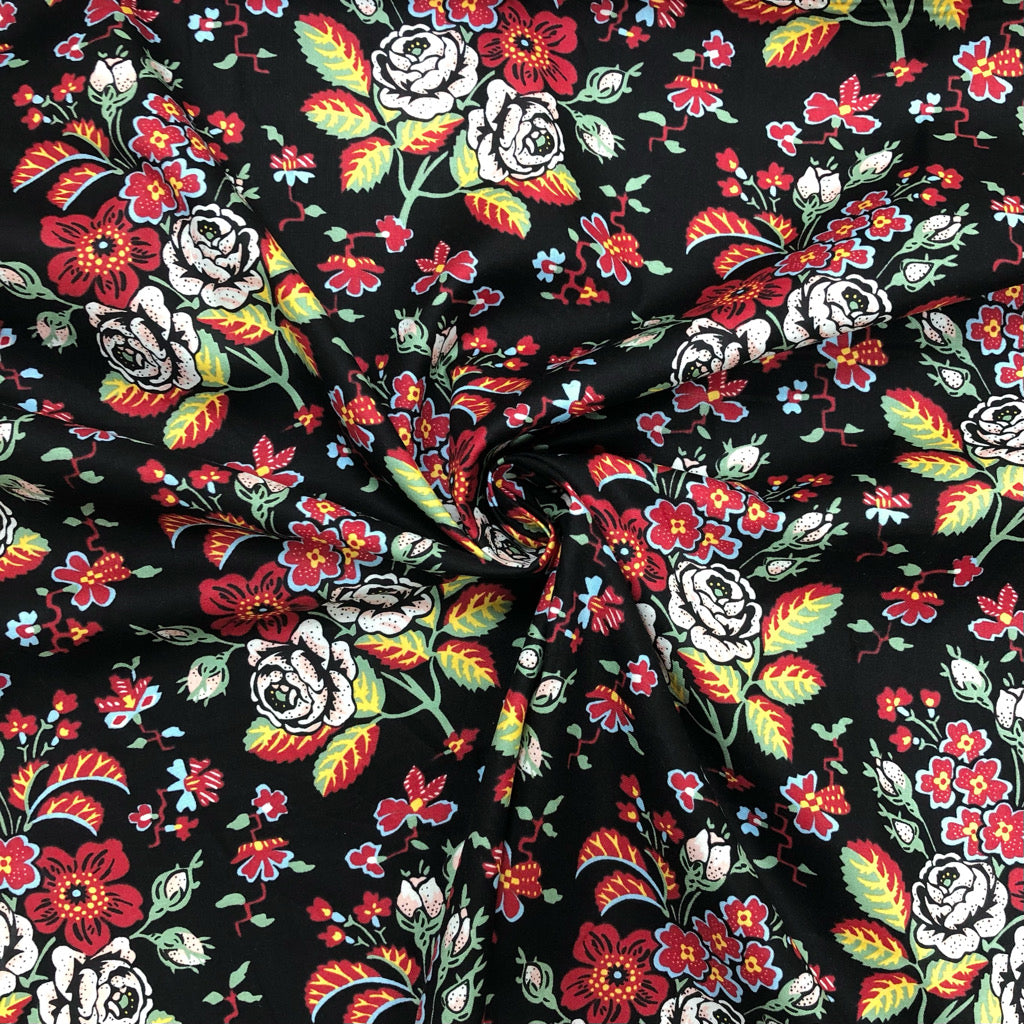 Red and Cream Floral on Black Cotton Poplin Fabric - 58&quot; wide - Pound Fabrics