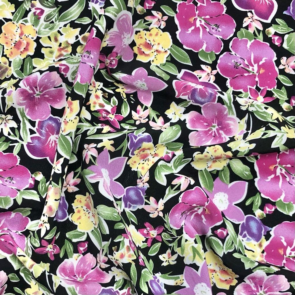 All Over Purple & Yellow Floral on Black Polyester Crepe Fabric - Pound Fabrics